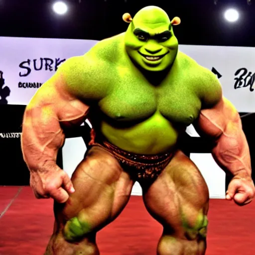 Prompt: buff Shrek at a bodybuilder show