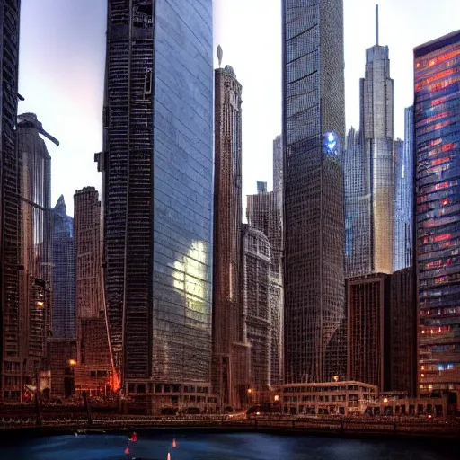 Image similar to incredibly detailed, beautiful futuristic cyberpunk Chicago