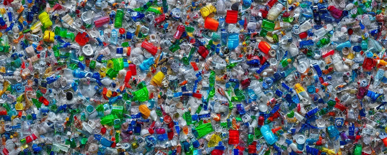 Prompt: a piece of plastiglomerate made from plastic bottles and face masks, photographic,