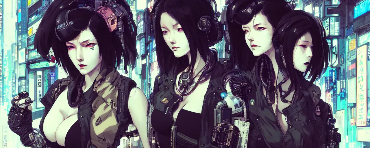 Image similar to hyper - realistic cyberpunk portrait of beautiful! anime woman standing on tokyo street, extreme detail, alluring, in style of yoji shinkawa, pan ren wei, col price, atey ghailan, by greg rutkowski, by greg tocchini, by james gilleard, by joe fenton, by kaethe butcher, grunge aesthetic