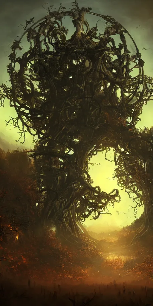 Image similar to humongous techno - tree portal on a big steampunk planet, spooky, art by pixar, smooth, beautiful art, masterpiece, artistic landscape, cinematic, wet reflections, ray tracing x, rtx, smooth