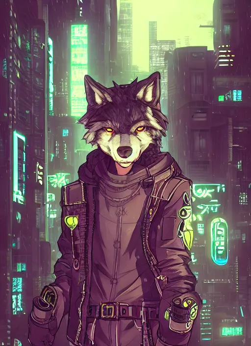 Image similar to character portrait of a male anthro wolf fursona with a tail and a cute beautiful attractive detailed furry face wearing stylish cyberpunk clothes in a cyberpunk city at night while it rains. hidari, color page, tankoban, 4K, tone mapping, Akihiko Yoshida. Nomax, Kenket, Rukis.