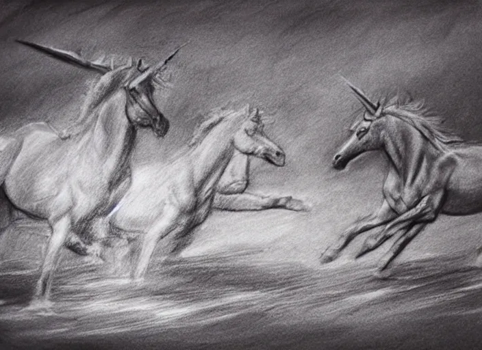 Prompt: detailed charcoal sketch of two unicorns running through a fjord, some edges lost, subtle, beautiful epic sketch, light and medium values, epic fjord, detailed unicorns, clean elegant and refined sketch, equal focus of attention throughout