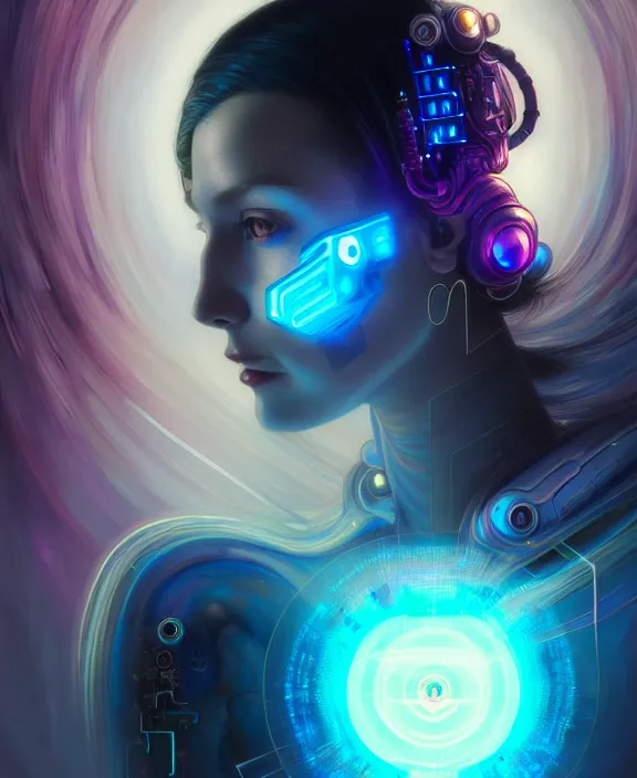 Image similar to a whirlwind of souls rushing inside the metaverse, hologram, half body, neurochip, shaved temple, piercing, jewelry, android, cyborg, cyberpunk face, by loish, d & d, fantasy, intricate, elegant, highly detailed, colorful, digital painting, artstation, concept art, art by artgerm and greg rutkowski and alphonse mucha