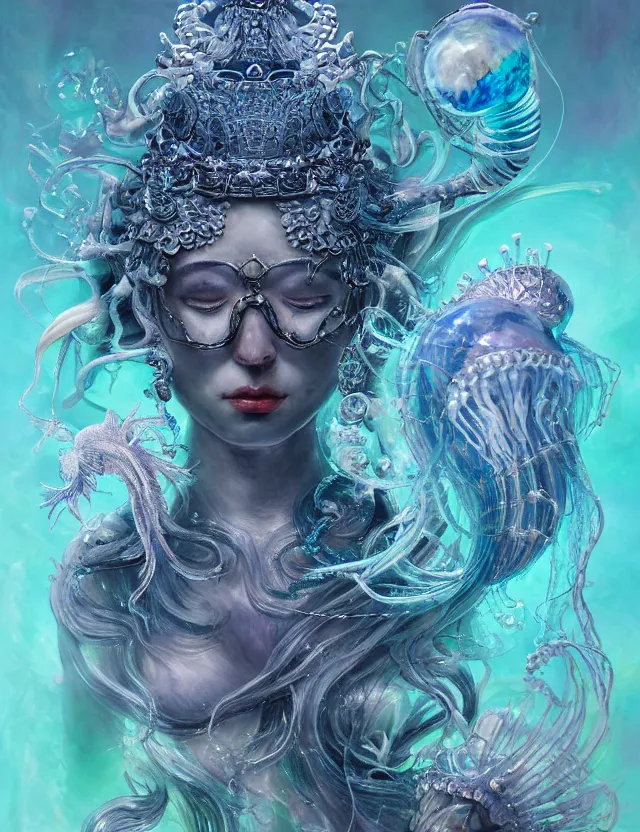 Image similar to goddess macro shouler portrait from bottom to top in crown made of ram skull. betta fish, jellyfish phoenix, bioluminiscent, plasma, ice, water, wind, creature, super intricate ornaments artwork by tooth wu and wlop and shofff and greg rutkowski