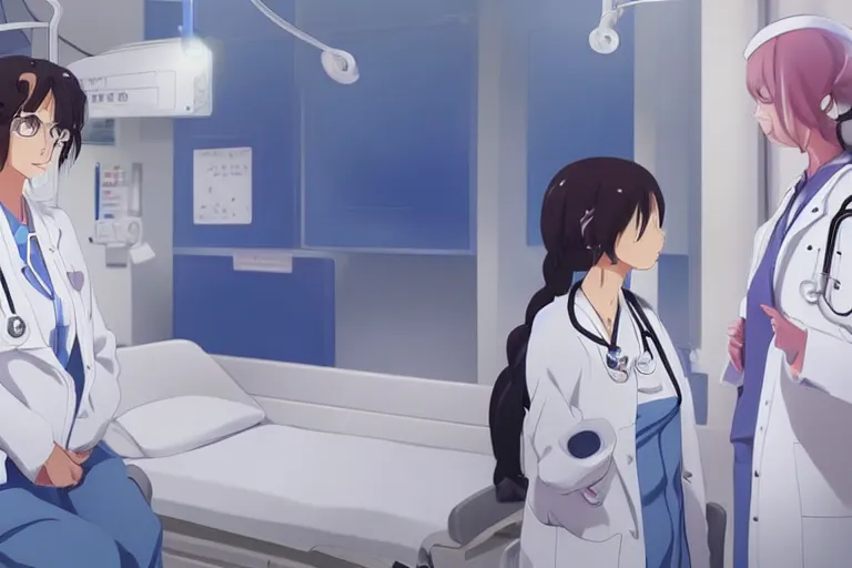 Prompt: a cute and beautiful young female doctor wearing white coat are talking with an elegant nurse wearing blue coat in a hospital ward, slice of life anime, anime scenery by Makoto shinkai