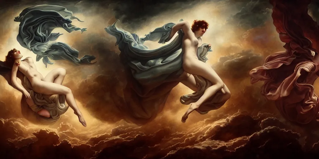 Image similar to The war between heaven and hell, by Rolf Armstrong and Evelyn De Morgan and Bastien Lecouffe-Deharme, dramatic lighting, high contrast colors, baroque, empyrean, panoramic view, as trending on Artstation, highly detailed, quake engine,