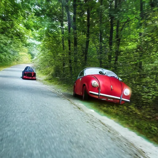 Image similar to promotional scifi - mystery movie scene of a ( volkswagen beatle ) and ladybug hybrid that's more ladybug. racing down a dusty back - road in smokey mountains tennessee. cinematic, 4 k, imax, 7 0 mm, teal autochrome, hdr