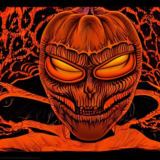 Prompt: a living jack - o'- lantern, hr giger, lovecraft, fauvism, cyberpunk, junji ito, bernie wrightson, masterpiece, stunning, horror, 8 k, highly detailed, symmetrical, unreal engine