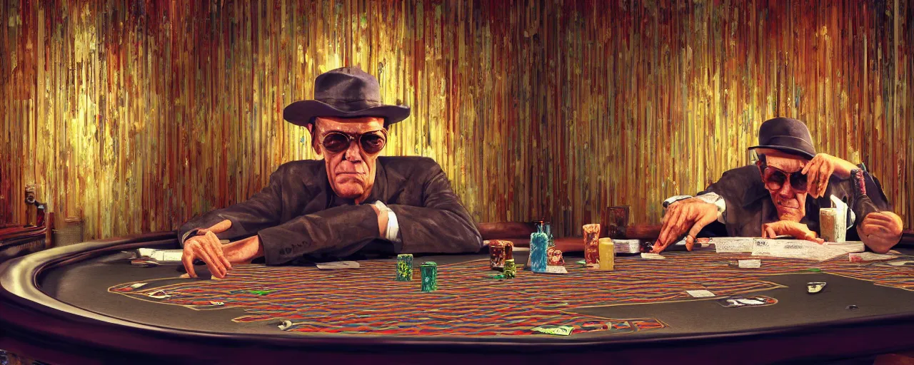 Prompt: hunter s thompson sitting at a 1 9 6 0's poker table in a melting casino with dripping woodtextured walls, by igor morski, by josip csoor, by laurie lipton, rendered in lumion, 8 k resolution, psychedelic lighting, shrooms, muted color scheme, lsd, trending on artstation