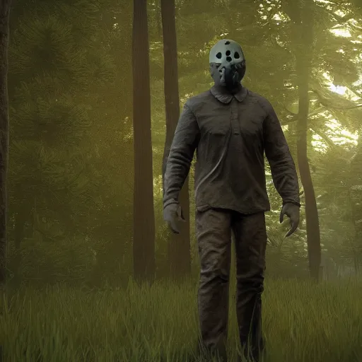 Image similar to Jason Voorhees in the woods unreal engine 5 4K detail