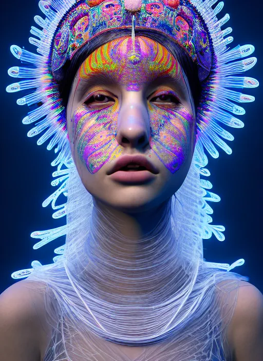 Prompt: absurdly beautiful, fashionable young woman with clear white skin, wearing a headdress made from plastic toys, in the fourth dimension, psychedellic, ayahausca, tryptamine, hyperdetailed illustration by irakli nadar and alexandre ferra, intricate linework, unreal engine 5 highly rendered, global illumination, radiant light, detailed and intricate environment