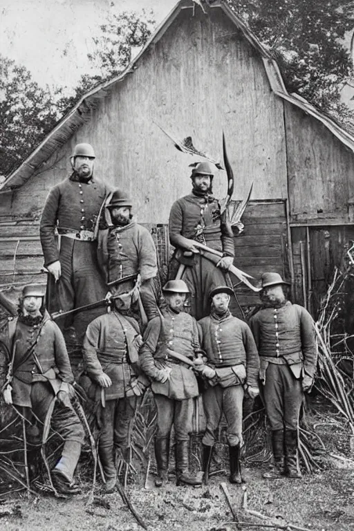 Prompt: lost photo of Civil War soldiers standing in front of a barn posing with a dead Pteranodon, sepia,