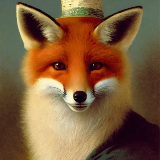 Prompt: A cute fox smiling and wearing a hat, by Robert Cleminson and William-Adolphe Bouguereau