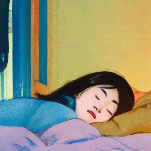 Prompt: close - up of a book in hand of a korean woman sleeps from behind in levitation above her bed vibrant by akihiko yoshida and edward hopper