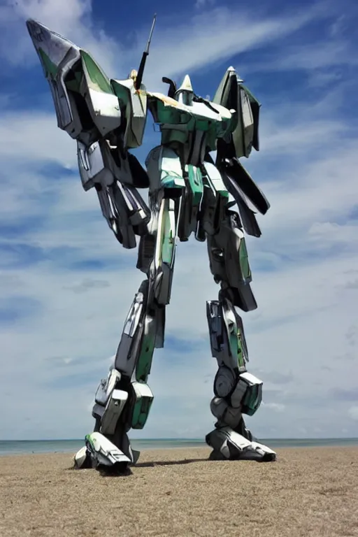 Image similar to a macross mecha posing on the beach