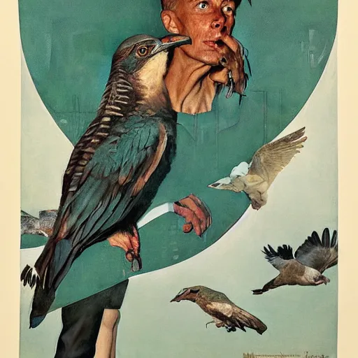 Image similar to mesozoic, teal gloomy by norman rockwell, by zinaida serebriakova. a installation art of a man, with an animal skull for a head, & a large bird perched on his shoulder. the man is looking up at the bird with a fierce expression, & the bird is looking back at him with an equally intense gaze.