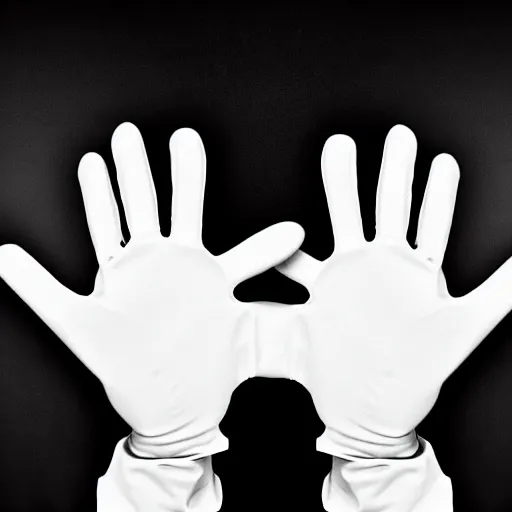 Image similar to a disembodied 5 - fingered white gloved hand waving out from behind a dark doorway