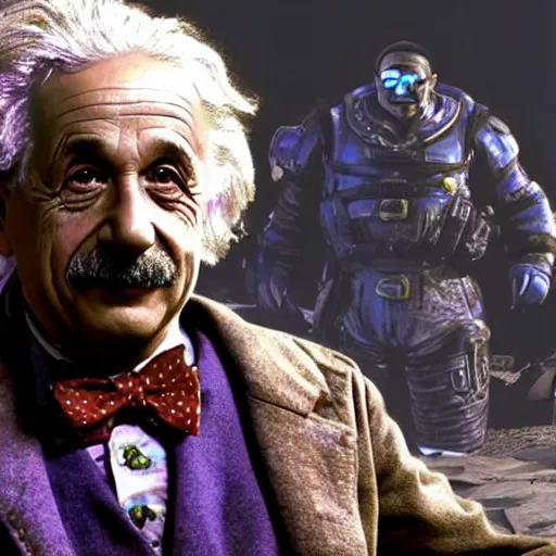 Image similar to albert einstein as willy wonka in gears of war, splash art, movie still, detailed face, photorealistic facial features, cinematic lighting, dramatic, octane render, long lens, shallow depth of field, bokeh, anamorphic lens flare, 8 k, hyper detailed, 3 5 mm film grain