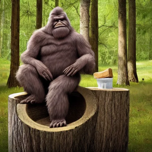 Prompt: bigfoot sitting on a stump holding rolls and rolls of toilet paper