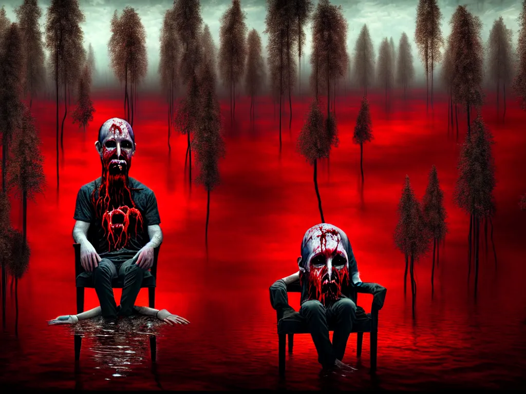 Image similar to a portrait of a man with five heads, twelve arms, sitting on chair made of human limbs, the chair is floating in a lake of blood, around the lake are melting trees, the man's limbs are merging with the trees, digital art, hyperrealistic nightmare scene, supernatural, highly detailed, creepy, terrifying