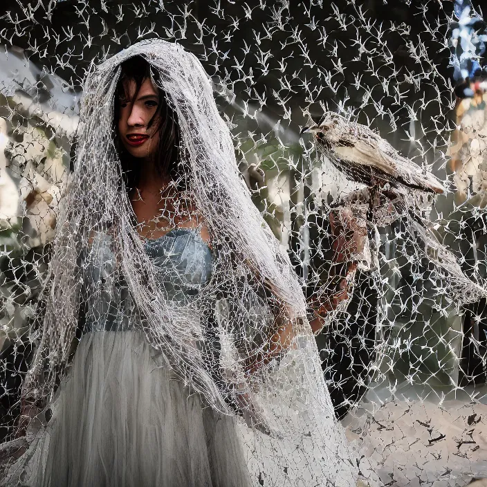 Prompt: a woman wearing a veil made of birds, in an abandoned theme park, by omar z. robles, canon eos c 3 0 0, ƒ 1. 8, 3 5 mm, 8 k, medium - format print