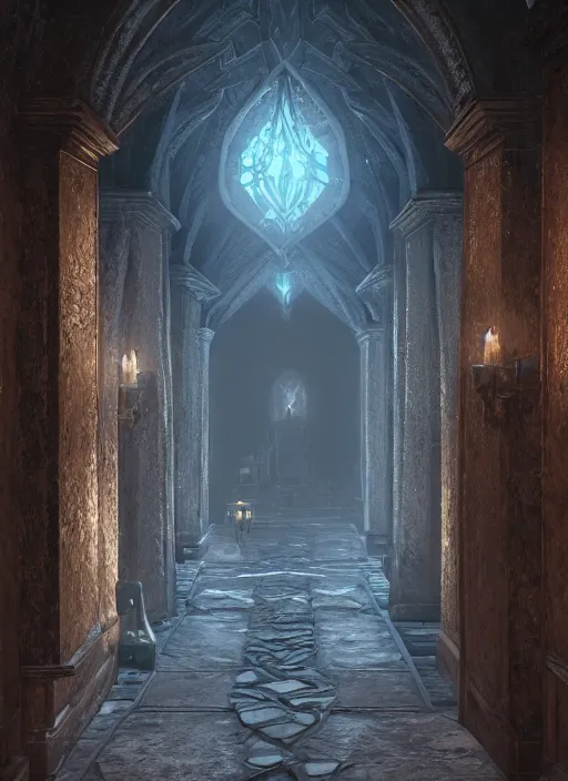 Image similar to castle hallway, ultra detailed fantasy, elden ring, realistic, dnd, rpg, lotr game design fanart by concept art, behance hd, artstation, deviantart, global illumination radiating a glowing aura global illumination ray tracing hdr render in unreal engine 5