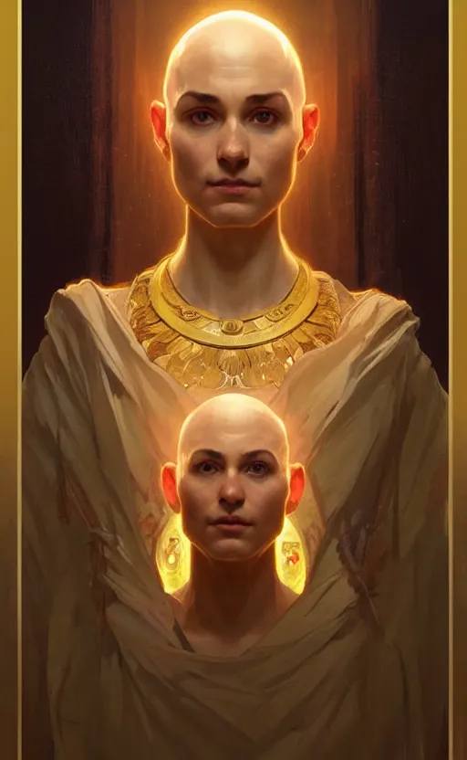 Image similar to a portrait of a young bald oracle, tired, staring at us, symmetry, symbolic elaborate painting, golden crown of light, art by aleksander brodzinski, greg rutkowski and alphonse mucha, trending on artstation