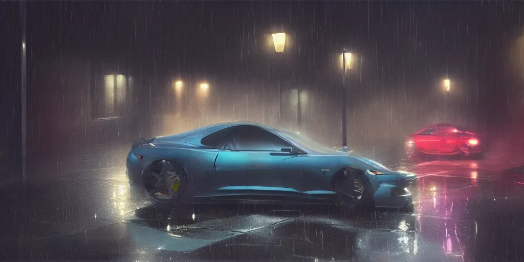 Image similar to full view of a sport car, on wet street at night, painted in dark color holographic pearlescent, elegant, digital painting, concept art, smooth, sharp focus, art style from Wang Ke and Greg Rutkowski and Bruce Kaiser and Scott Robertson and Dmitry Mazurkevich and Doruk Erdem and Jon Sibal