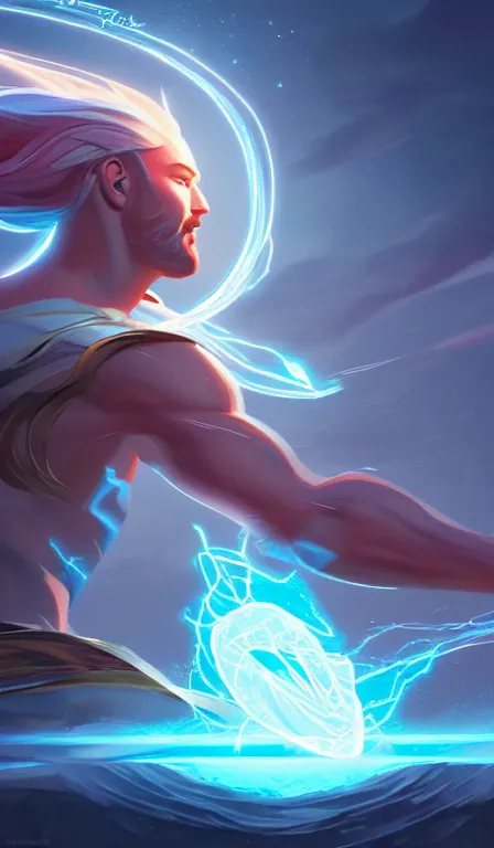 Image similar to the god zeus, lightning, action, epic, close up, sharp focus, digital art, concept art, dynamic lighting, character design by anna dittman, and rossdraws, environment design by jessica rossier