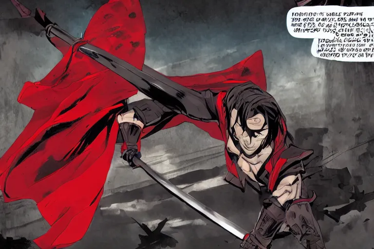 Prompt: a twin blade muscular swordsman, red and black cape and hoodie, scary, intimidating floating sand, worn out clothes, torn clothes, as a panel of a Marvel comic