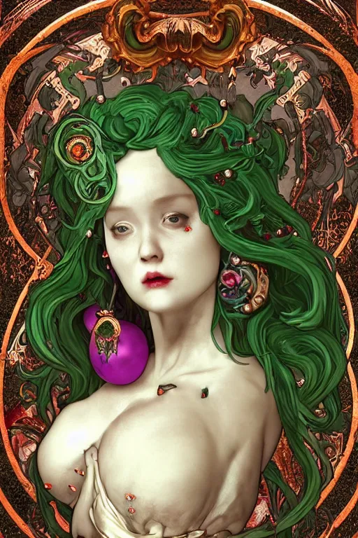 Image similar to rococo upper body portrait sigil with the intent of conquering the world lovecraftian undead zombie queen, green hair, by tian zi and wlop and alphonse mucha ornaments and gems hdr 8 k 3 d dslr hdr trending on artstation rendered with cryengine