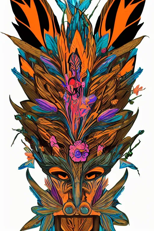 Image similar to animal mask totem roots flower tribal feather gemstone plant wood rock shaman vodoo video game vector cutout illustration vivid multicolor borderlands comics by josan gonzales and dan mumford radiating a glowing aura