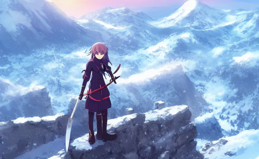 Prompt: An anime girl holding a sword, standing on a mountaintop in the snow, anime scenery by Makoto Shinkai, digital art