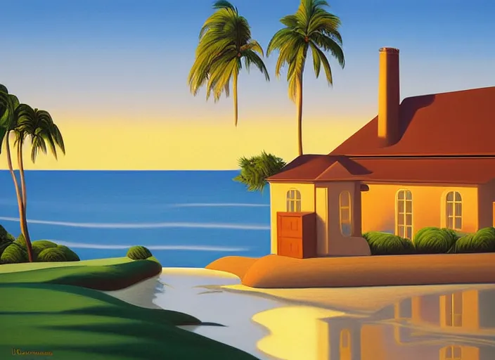 Prompt: a manor by the ocean, evening, summer, painting by kenton nelson