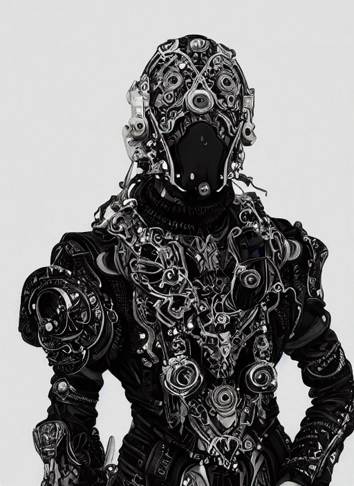 Image similar to a handsome male ornate cyborg with a white techwear mask, purple garment with art nouveau ivory accessories, dressed in black intricate lace and jewels, ethereal, misty, cyberpunk, darksynth, luxury, concept art by zeen chin, extremely detailed, artstation, andree wallin, edvige faini, alphonse mucha, 8 k, unreal engine 5