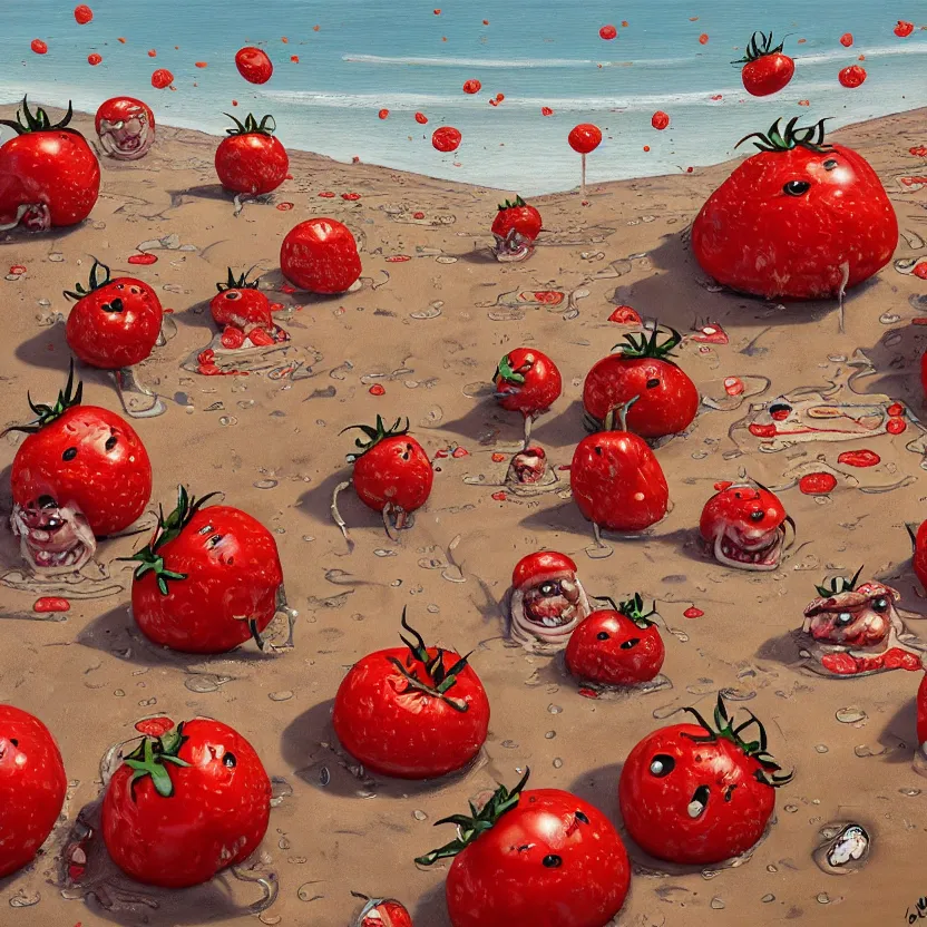 Prompt: a funny high resolution oil painting with dirty old brush of a lazy red burning and melting tomatos with googly eyes on a sunset beach to hot for the sun, big piles of strawberry icecream in cones falling from the sky by james jean