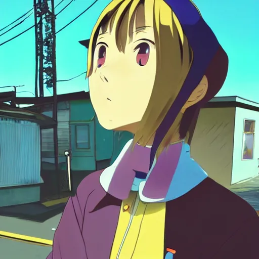 Image similar to anime girl with upturned collars, collar over mouth, blue jacket. cel - shading, 2 0 0 1 anime, flcl, jet set radio future, golden hour, japanese town, concentrated buildings, japanese neighborhood, electrical wires, cel - shaded, strong shadows, vivid hues, y 2 k aesthetic