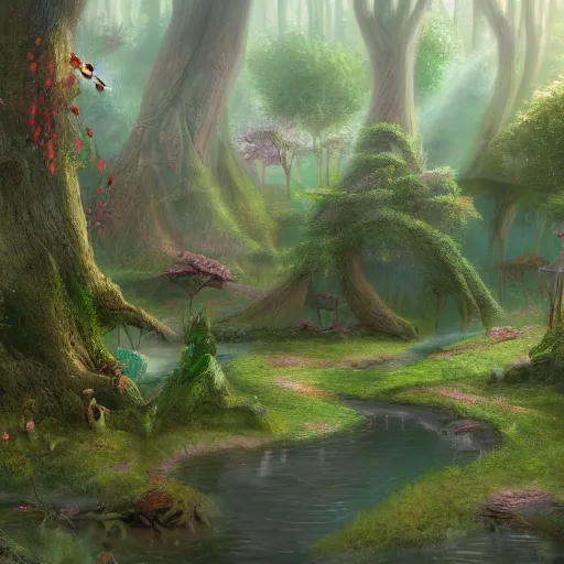 Prompt: Fairy forest landscape, 8k, detailed, concept art, trending on artstation