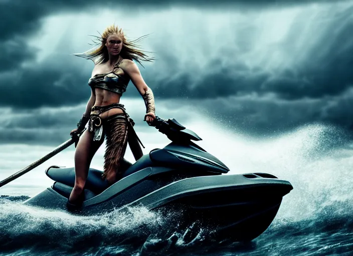 Image similar to dramatic photo of viking women with weapons riding on jet skis, wearing skin - tight futuristic valkerie bikinis, rough seas in background, lightning storms, water world, mad max, hyper - realistic, highly detailed, accurate, 8 k octane render, 2 8 mm, wide angle, rule of thirds