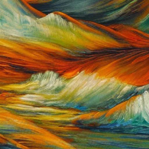 Prompt: a wild landscape painting filled with energy patterns rippling in all directions, mountains, rushing water, saturated colors