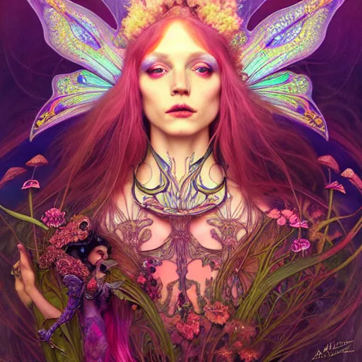 Image similar to An extremely psychedelic fairy queen, surreal, dramatic lighting, magic mushrooms, psilocybin, LSD, face, detailed, intricate, elegant, lithe, highly detailed, digital painting, artstation, concept art, smooth, sharp focus, illustration, art by Krenz Cushart and Artem Demura and alphonse mucha