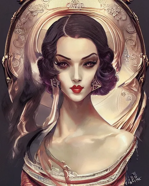 Image similar to portrait of lady dimitrescu, art deco style, beautiful, elegant, mesmerizing, concept art, highly detailed, smooth, fantastical, artstation, deviantart, trending, sana takeda, ayami kojima, shinichi sakamoto