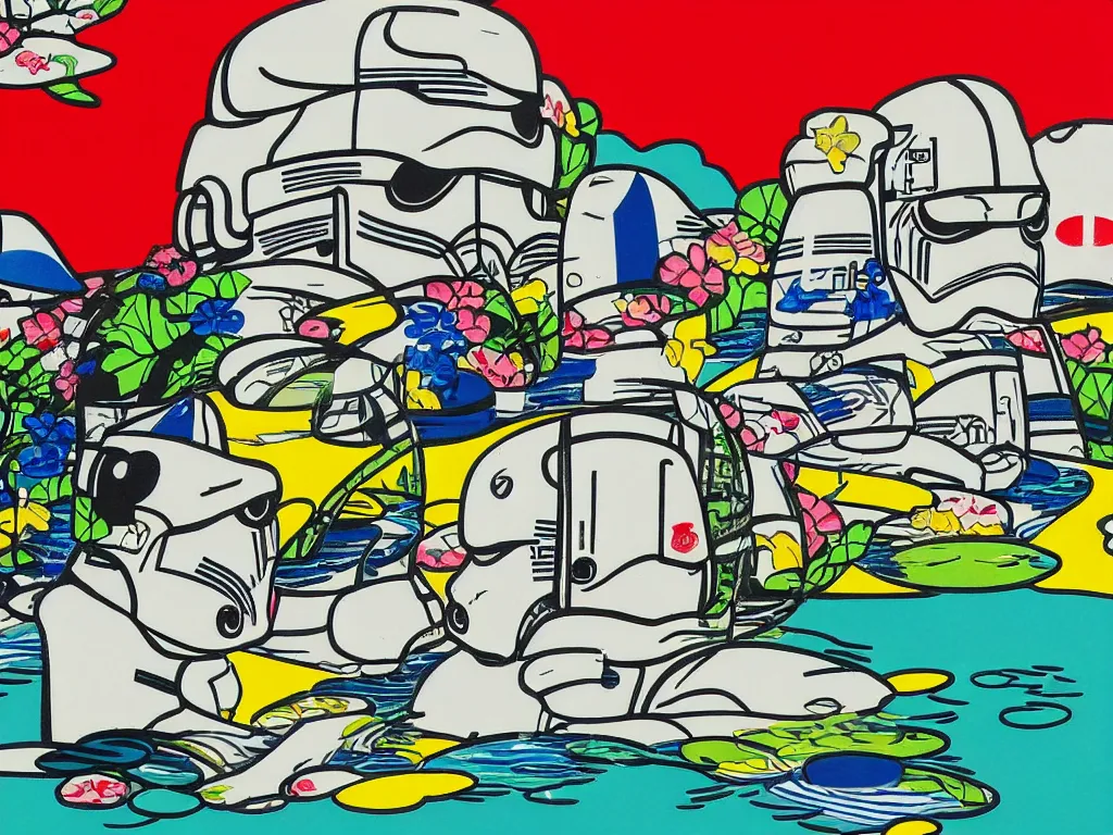 Image similar to close - up image of a japanese house with a pond, stormtroopers sitting around it, in style of pop - art, andy warhol, roy lichtenstein, jackie tsai, bright palette, acrylic on canvas