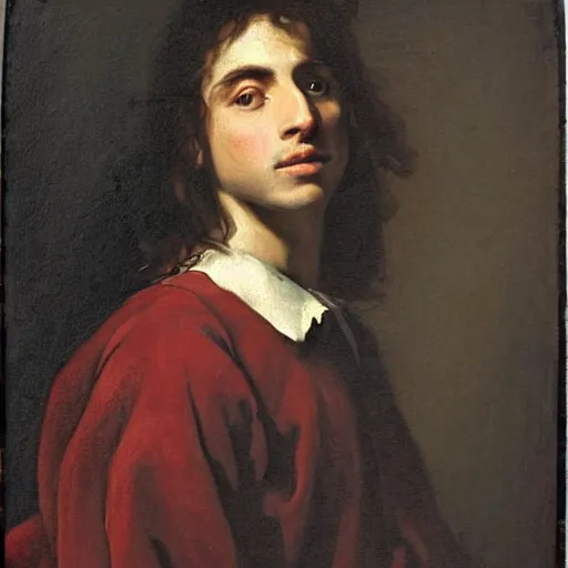 Image similar to portrait of a young gentleman in the style of valentin de boulogne, beautiful landscape in the background