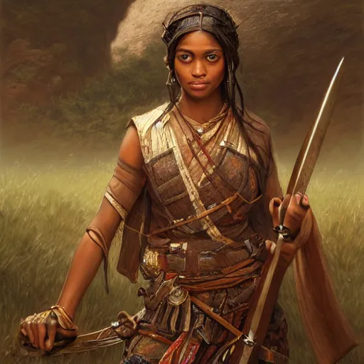 Image similar to artstation concept of a beautiful girl holding a sword in both hands, brown skin, sweaty skin, symmetrical face, casual white garment, brown canyon background, shiny colorful, hyperdetailed, artstation trending, world renowned artists, worth1000.com, historic artworks society, antique renewel, cgsociety, by greg rutkowski, by Gustave Dore, Deviantart