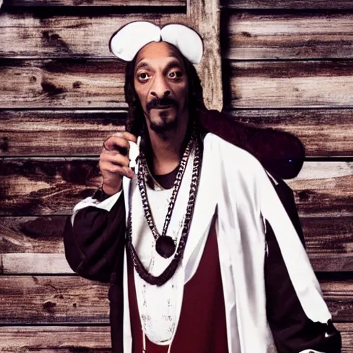 Image similar to photograph of snoop dog dressed as william shakespeare, filmic, cinematographic