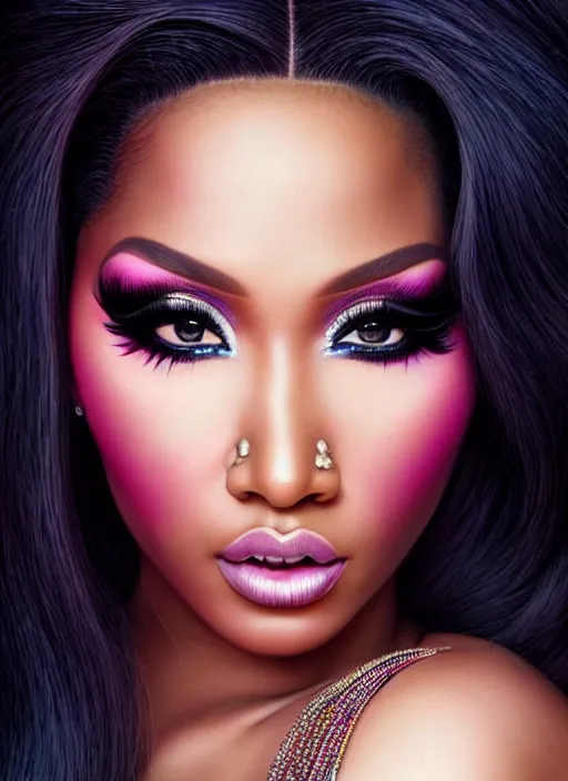 Image similar to a gorgeous rendition of nicki minaj, professionally retouched, soft lighting, realistic, smooth face, full body shot, torso, dress, perfect eyes, wide angle, sharp focus on eyes, 8 k high definition, insanely detailed, intricate, elegant, art by artgerm and jason chan and mark hill, safe for work