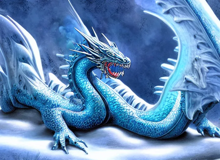 Prompt: a blue dragon laying in a hot spring, snowy alpine mountain landscape, rising steam, fantasy digital painting, stunning intricate details, artwork by todd lockwood