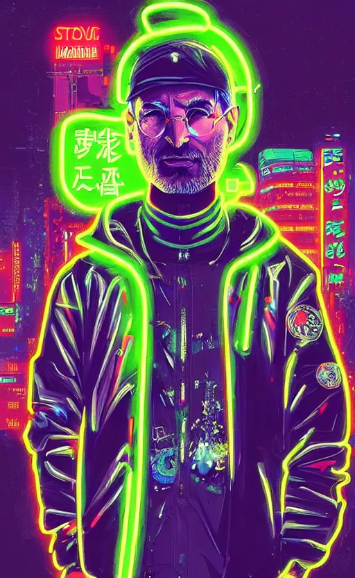 Image similar to detailed profile of Steve Jobs portrait Neon Operator, cyberpunk futuristic neon, reflective puffy coat, decorated with traditional Japanese ornaments by Ismail inceoglu dragan bibin hans thoma !dream detailed portrait Neon Operator Girl, cyberpunk futuristic neon, reflective puffy coat, decorated with traditional Japanese ornaments by Ismail inceoglu dragan bibin hans thoma greg rutkowski Alexandros Pyromallis Nekro Rene Maritte Illustrated, Perfect face, fine details, realistic shaded, fine-face, pretty face